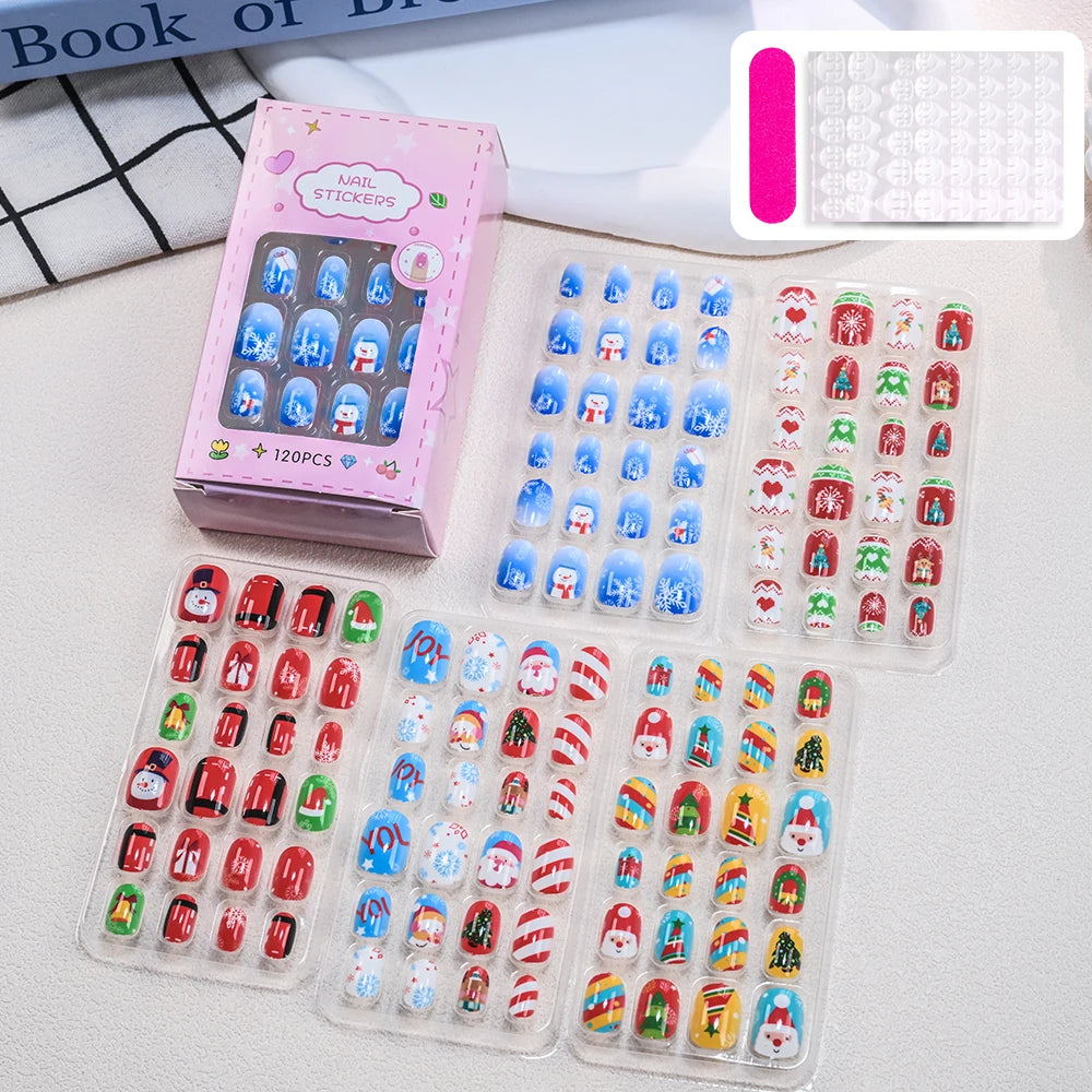 120Pcs Cute Kids Christmas Fake Nails Santa Claus Snowman Snowflakes Short Square False Nails Girl New Year Press on Nails +tool