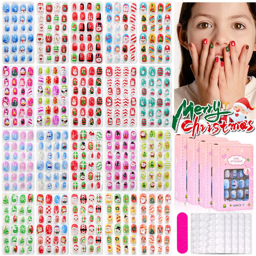 120Pcs Cute Kids Christmas Fake Nails Santa Claus Snowman Snowflakes Short Square False Nails Girl New Year Press on Nails +tool
