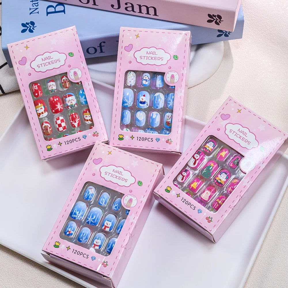 120Pcs Cute Kids Christmas Fake Nails Santa Claus Snowman Snowflakes Short Square False Nails Girl New Year Press on Nails +tool