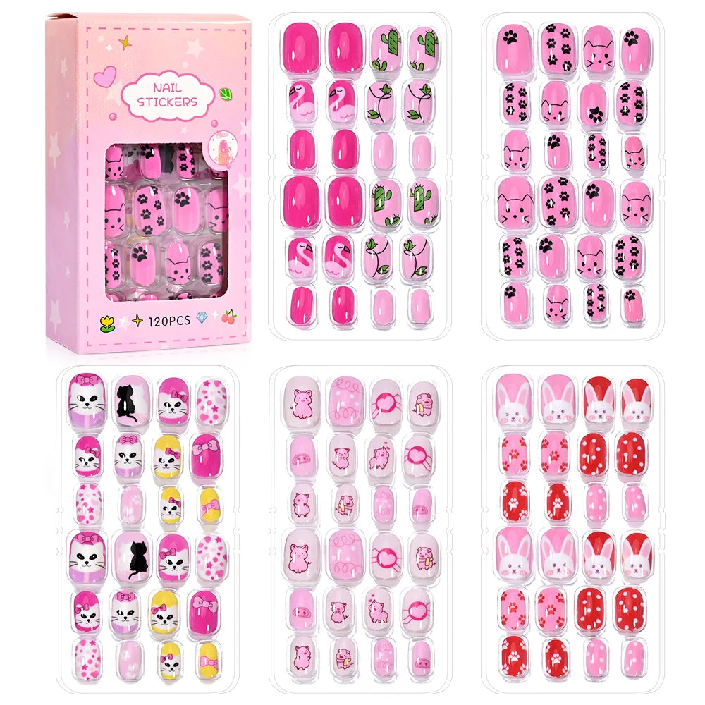 120Pcs Cute Kids Christmas Fake Nails Santa Claus Snowman Snowflakes Short Square False Nails Girl New Year Press on Nails +tool