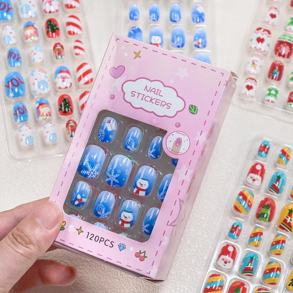 120Pcs Cute Kids Christmas Fake Nails Santa Claus Snowman Snowflakes Short Square False Nails Girl New Year Press on Nails +tool