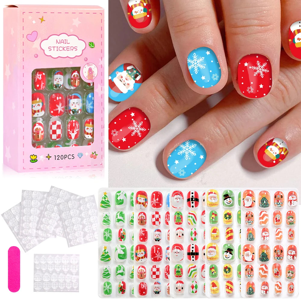 120Pcs Cute Kids Christmas Fake Nails Santa Claus Snowman Snowflakes Short Square False Nails Girl New Year Press on Nails +tool