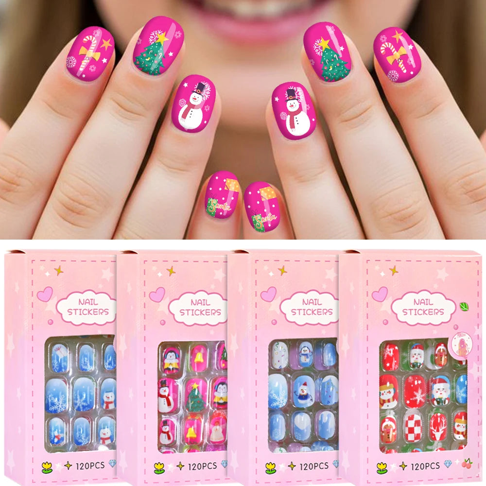 120Pcs Cute Kids Christmas Fake Nails Santa Claus Snowman Snowflakes Short Square False Nails Girl New Year Press on Nails +tool